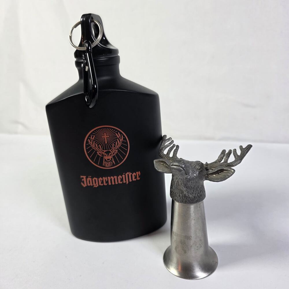 Jagermeister Stainless Metal Bar Shot Glass with Pewter Deer Stag Buck Elk Head